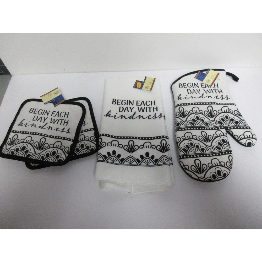 4 PIECE SET (1) Oven Mitt (2) Pot Holders (1) Kitchen Towel Begin with Kindness
